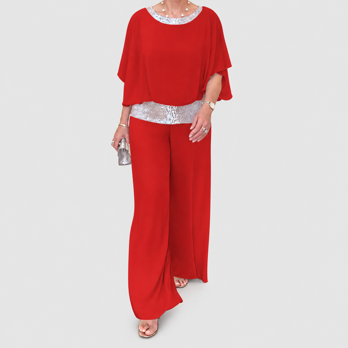 Annabelle-Claire | Women’s Embellished Top and Wide-Leg Pants Set — Red