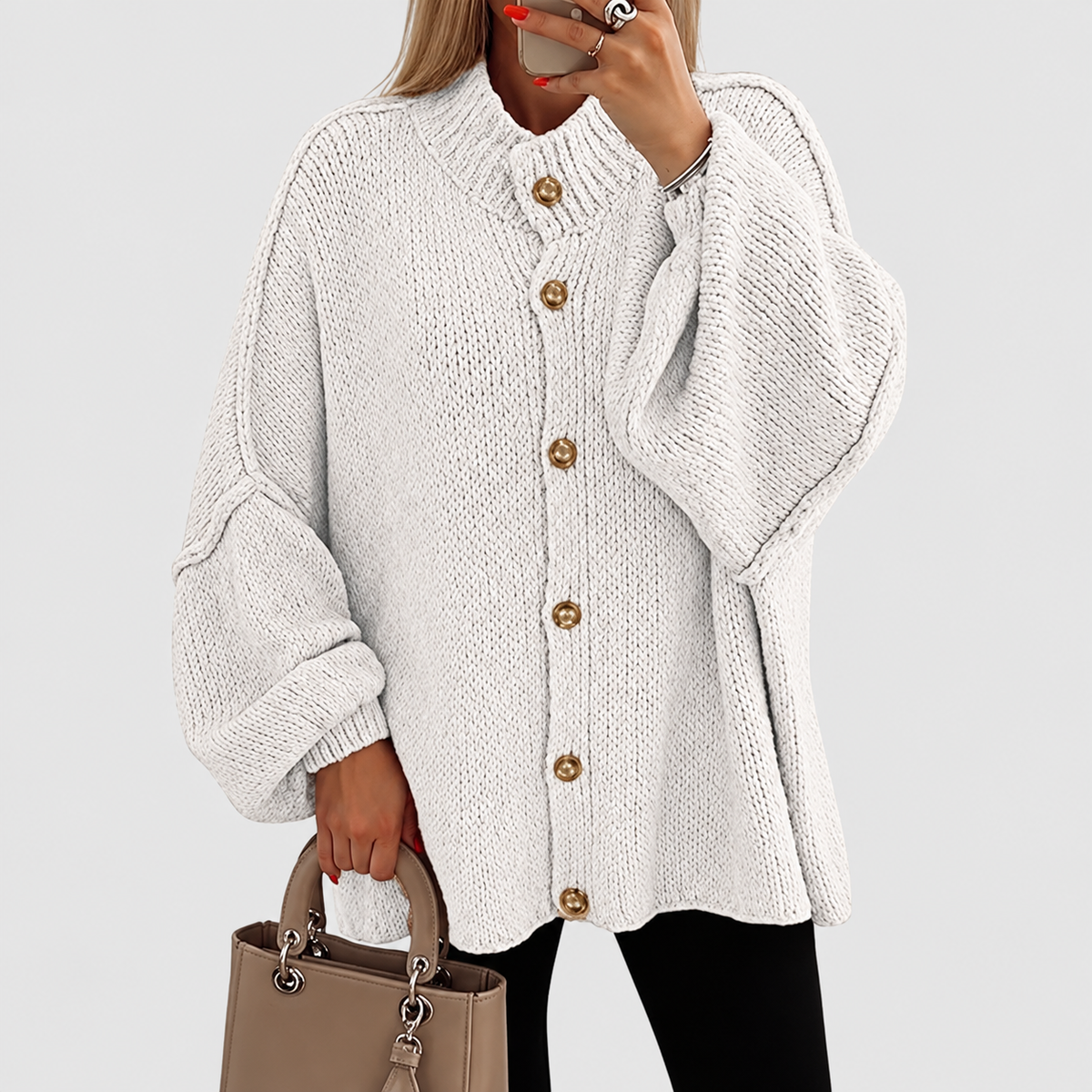 Annabelle | Women’s Chunky Button-Front Long-Sleeve Jacket — White
