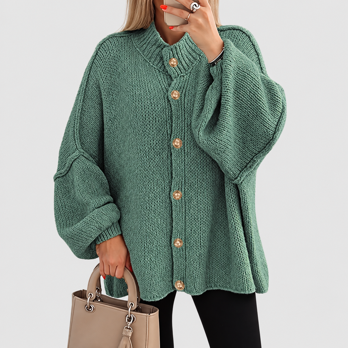 Annabelle | Women’s Chunky Button-Front Long-Sleeve Jacket — Green