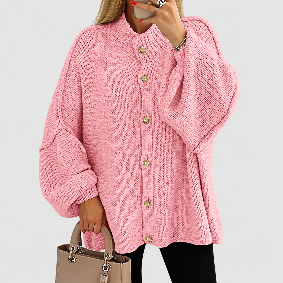 Annabelle | Women’s Chunky Button-Front Long-Sleeve Jacket — Pink