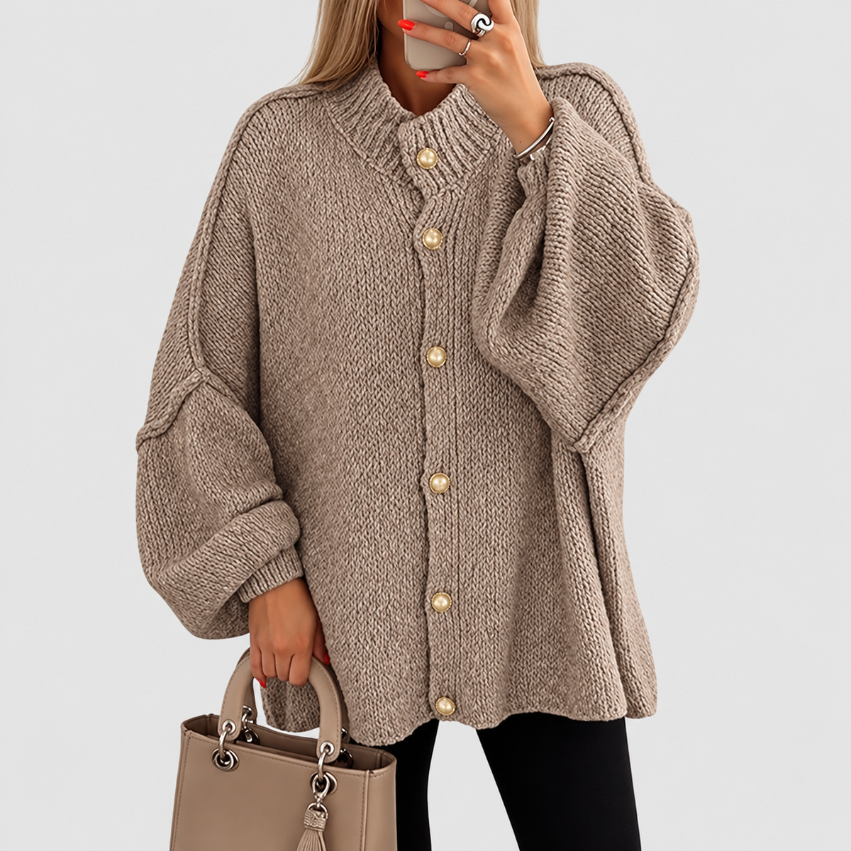 Annabelle | Women’s Chunky Button-Front Long-Sleeve Jacket — Khaki