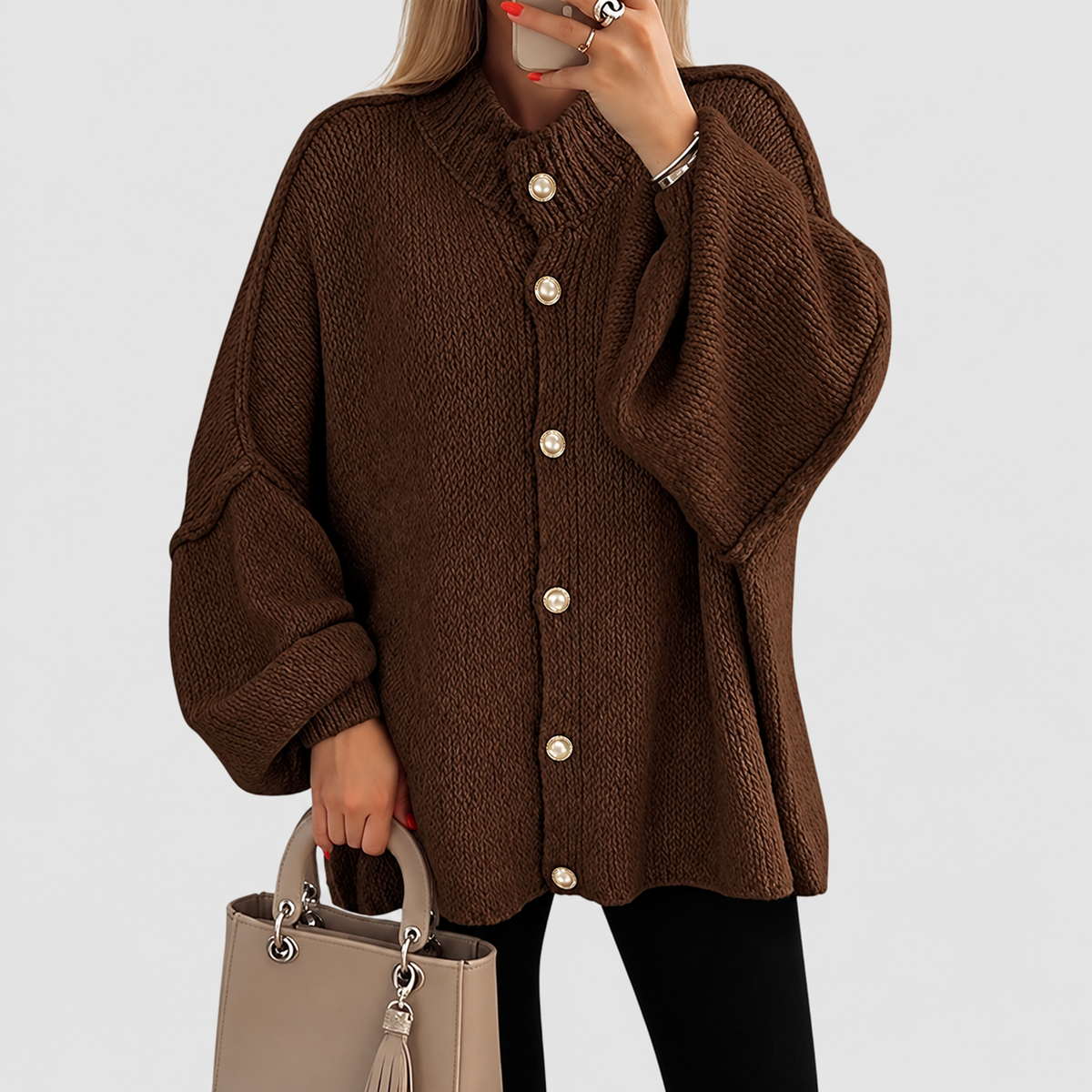Annabelle | Women’s Chunky Button-Front Long-Sleeve Jacket — Brown