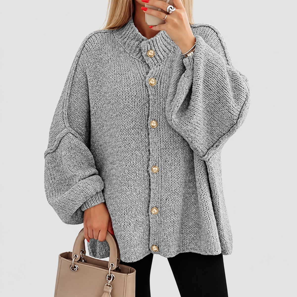 Annabelle | Women’s Chunky Button-Front Long-Sleeve Jacket — Grey