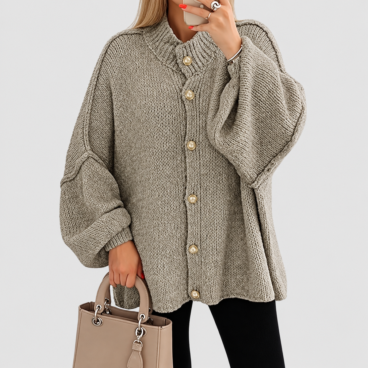 Annabelle | Women’s Chunky Button-Front Long-Sleeve Jacket — Light Brown