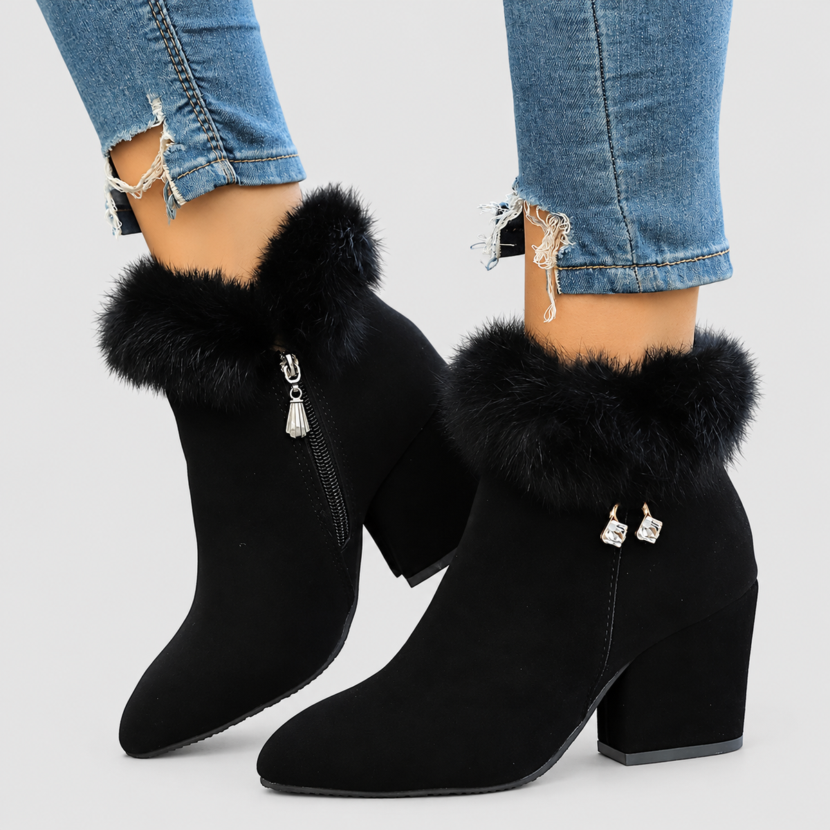 Annora | Women’s Plush-Trim Block-Heel Ankle Boots — Black