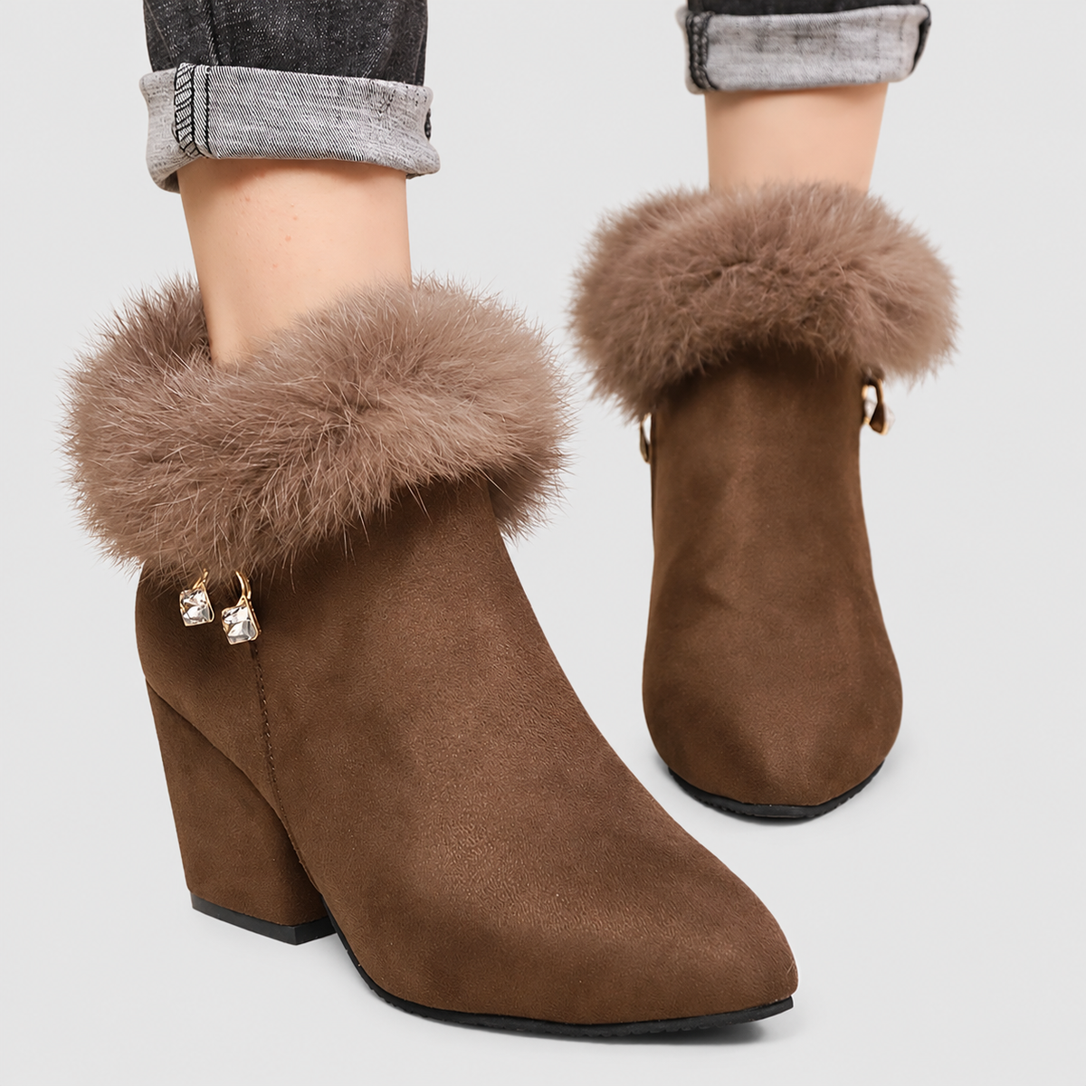 Annora | Women’s Plush-Trim Block-Heel Ankle Boots — Dark Brown