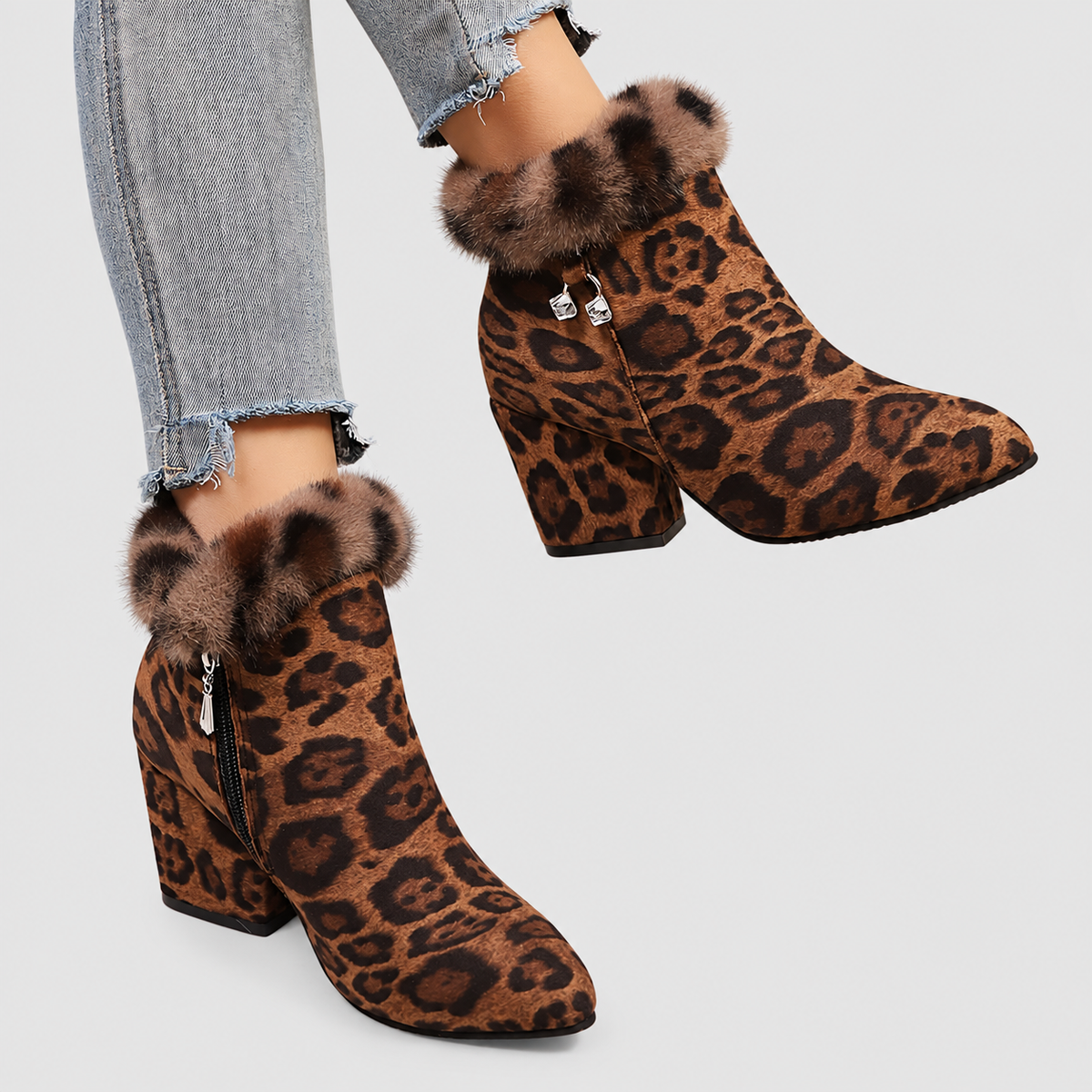 Annora | Women’s Plush-Trim Block-Heel Ankle Boots — Leopard Print