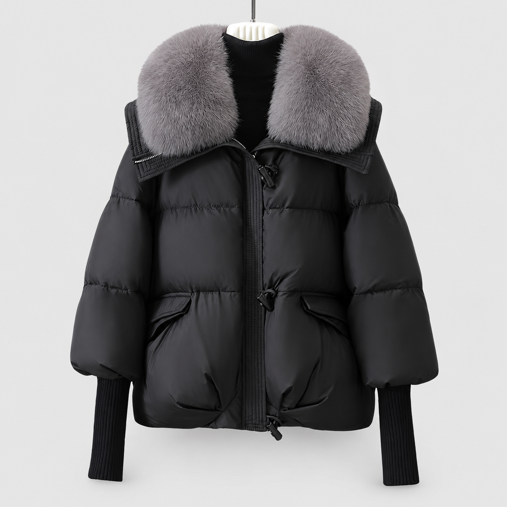Anora | Women’s Padded Winter Puffer Jacket with Detachable Collar — Black