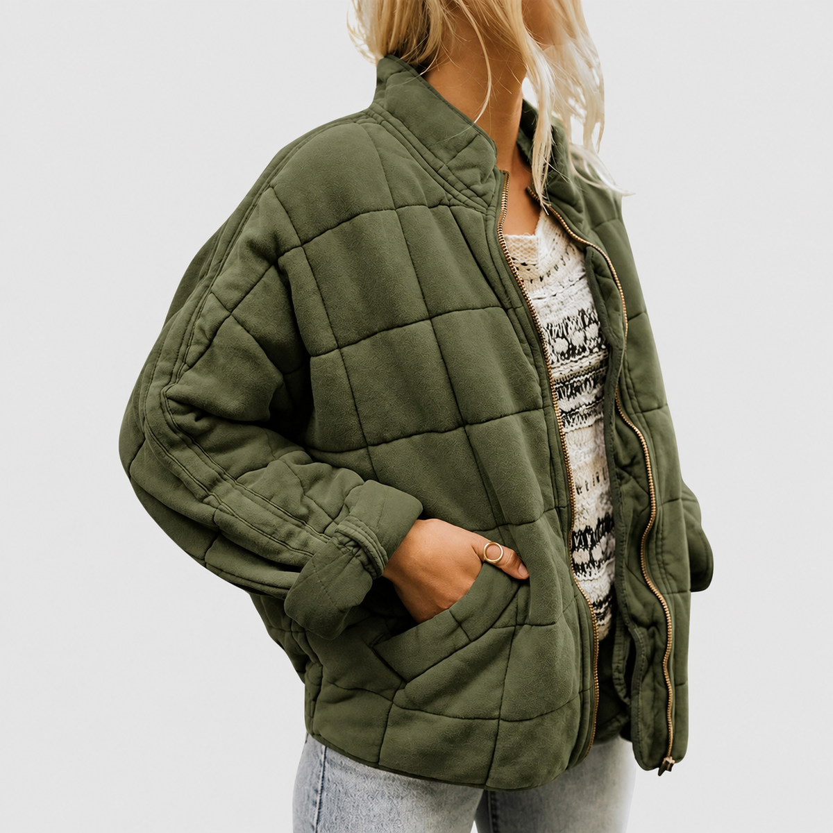 Anwen | Women’s Quilted Round-Neck Jacket — Green