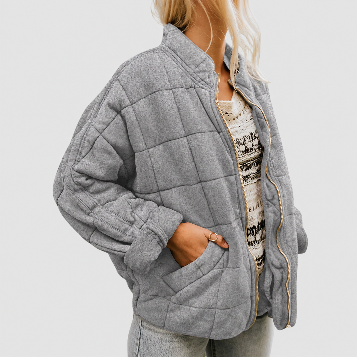 Anwen | Women’s Quilted Round-Neck Jacket — Grey