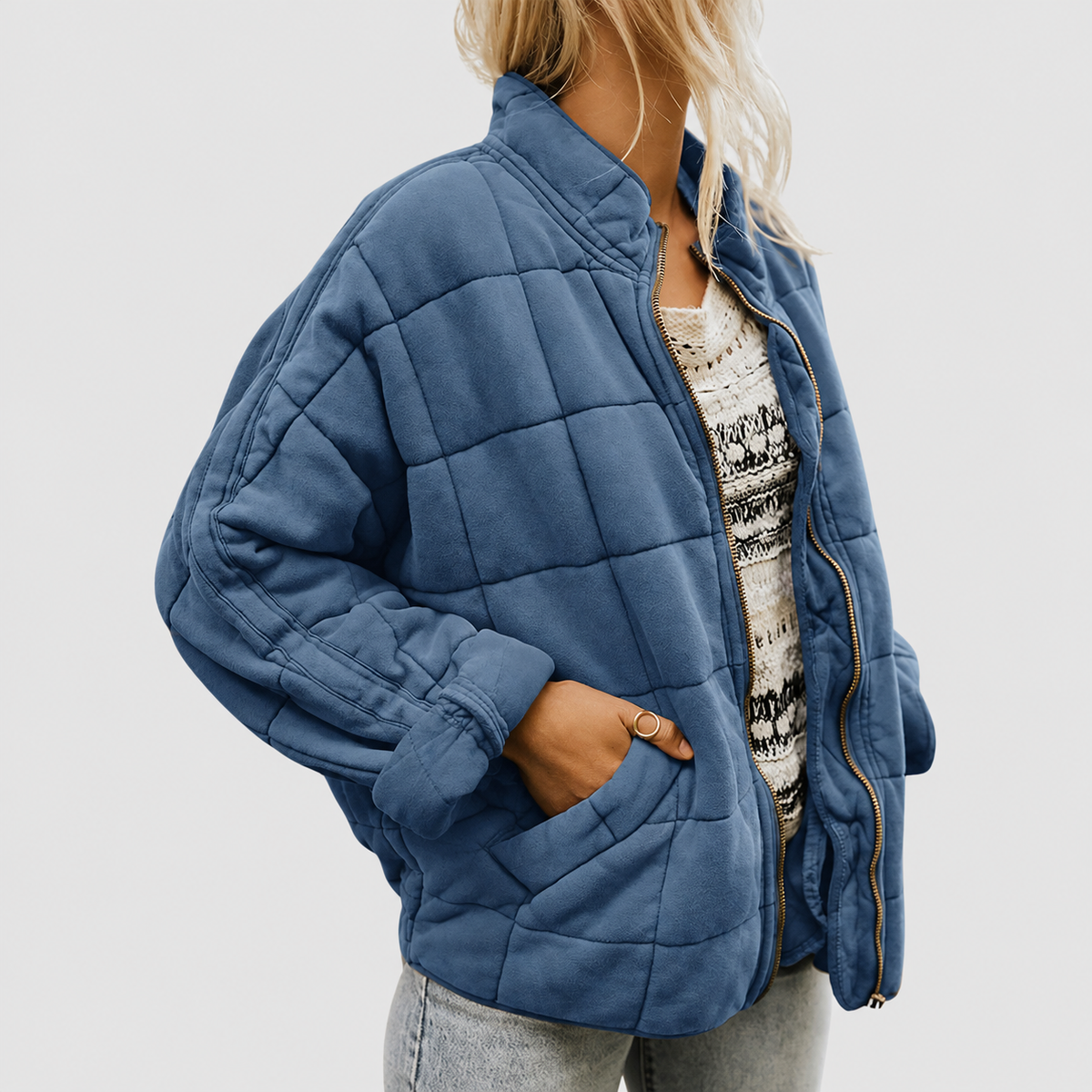 Anwen | Women’s Quilted Round-Neck Jacket — Blue