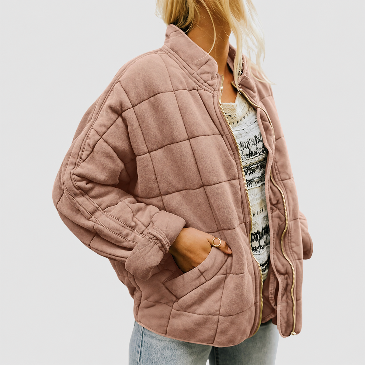 Anwen | Women’s Quilted Round-Neck Jacket — Khaki