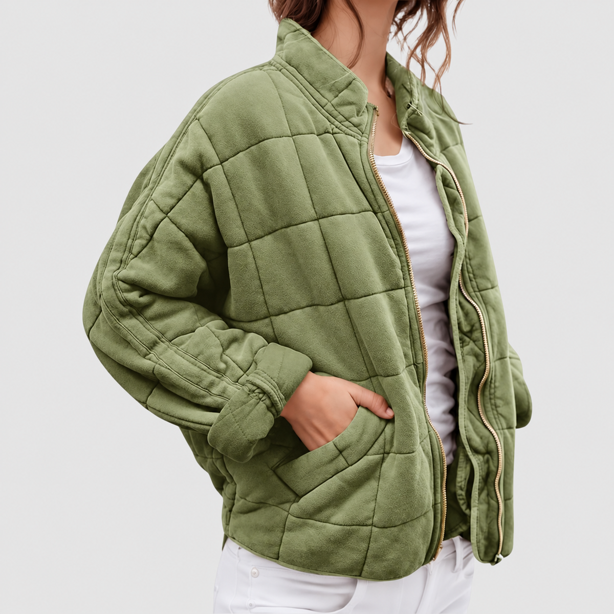 Anwen | Women’s Quilted Round-Neck Jacket — Sage Green