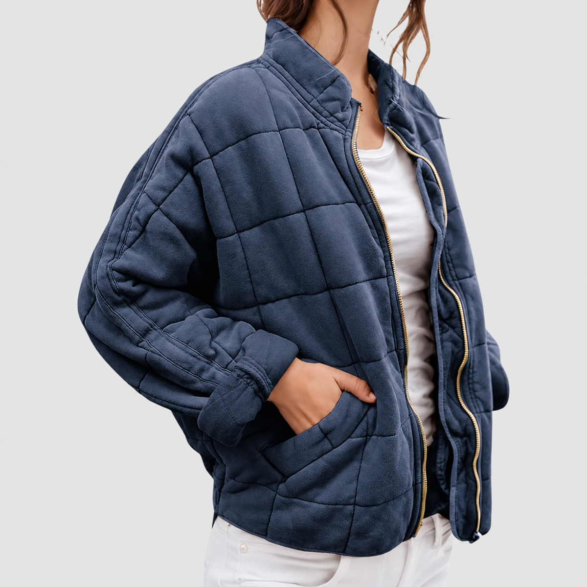 Anwen | Women’s Quilted Round-Neck Jacket — Navy