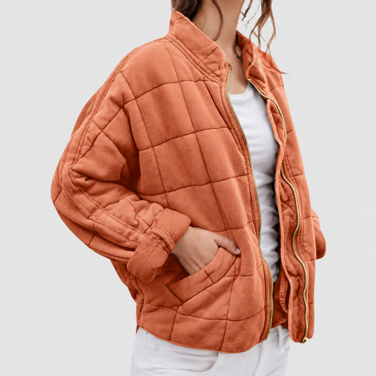 Anwen | Women’s Quilted Round-Neck Jacket — Peach