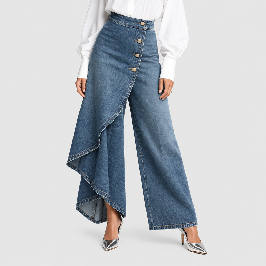 Ashlina | Women’s Denim Wrap-Front Trousers — Light Blue