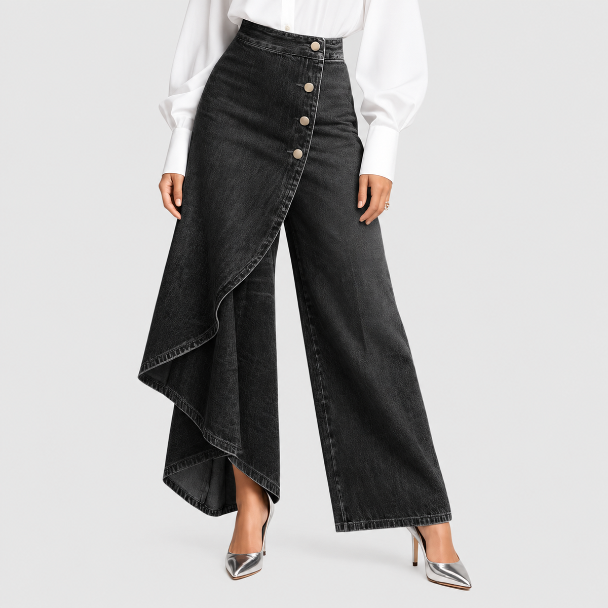 Ashlina | Women’s Denim Wrap-Front Trousers — Black