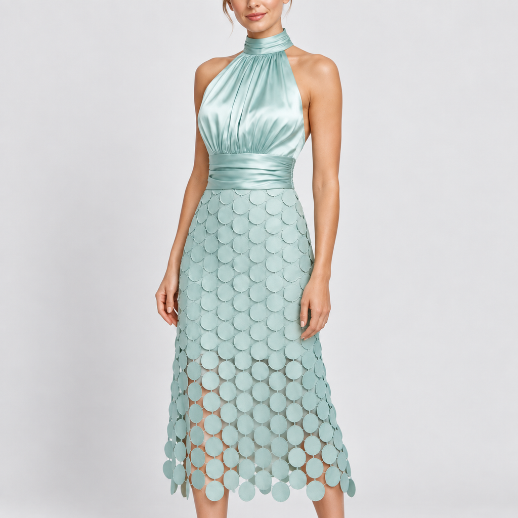 Halter Midi Dress with Circle-Detail Skirt in mint - detail view on model