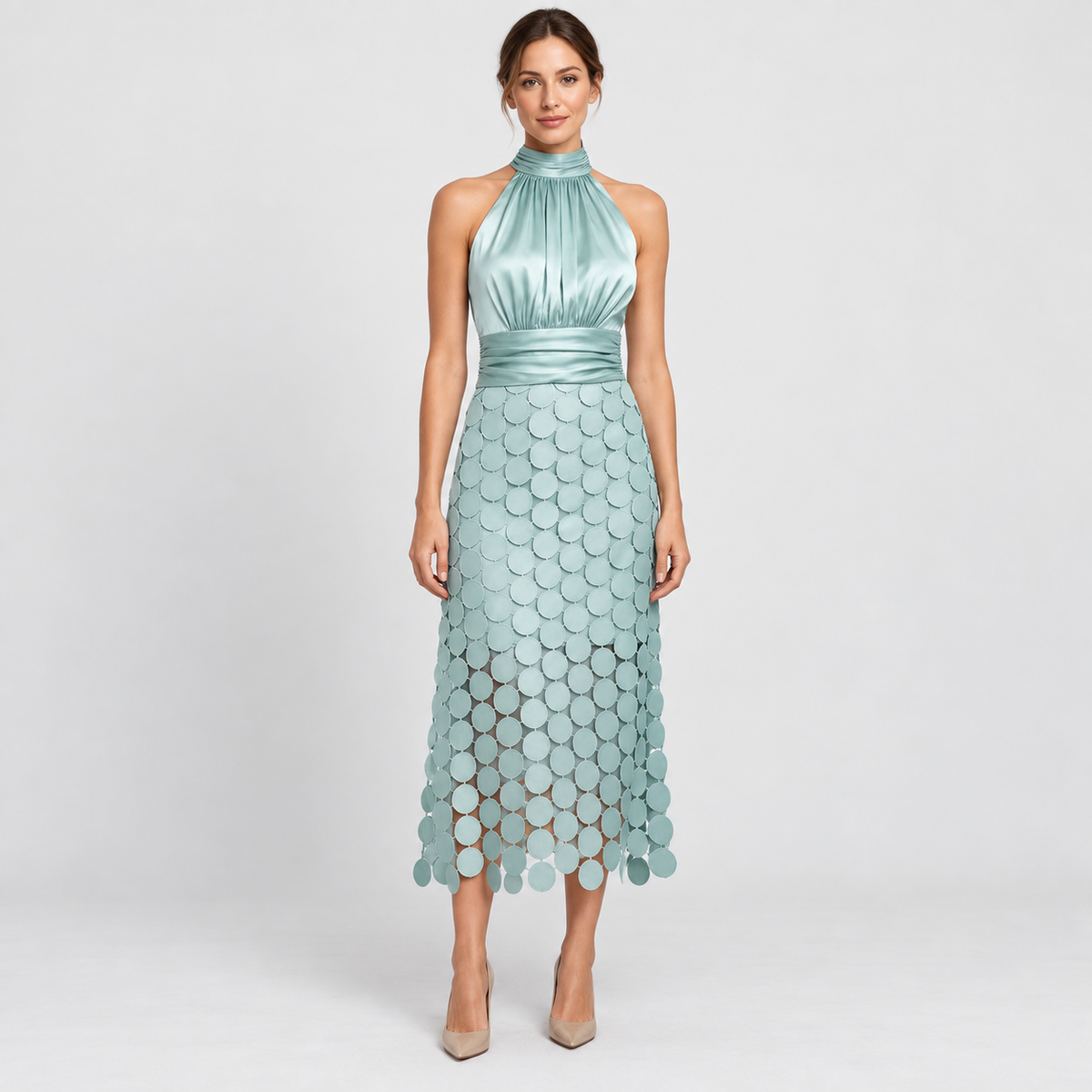 Halter Midi Dress with Circle-Detail Skirt in mint - front view on model
