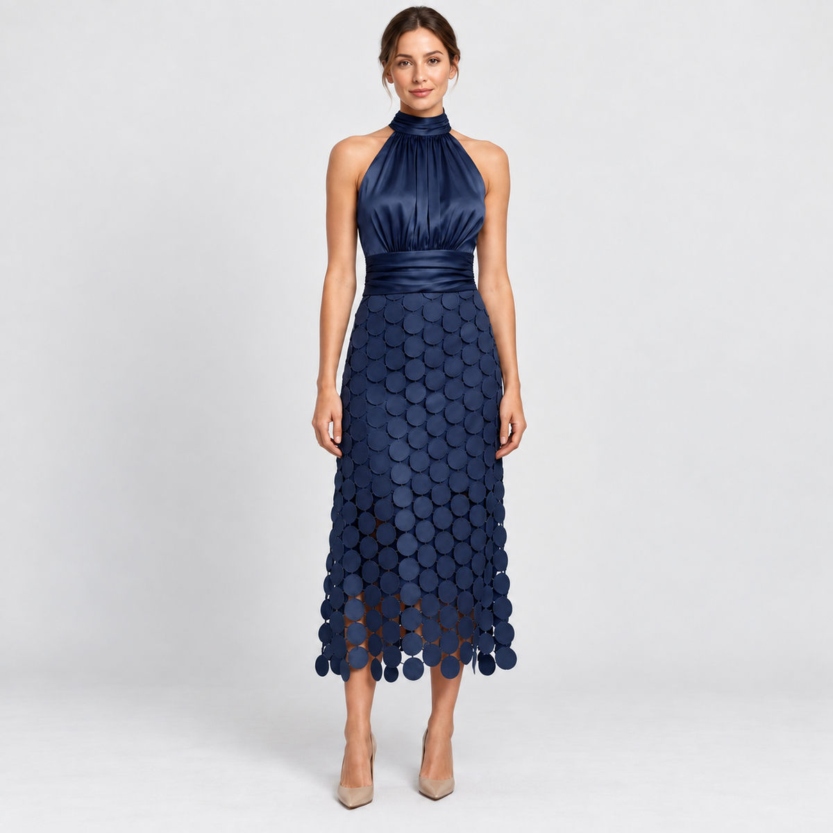 Halter Midi Dress with Circle-Detail Skirt in navy - front view on model