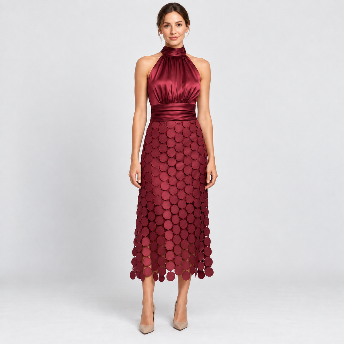 Halter Midi Dress with Circle-Detail Skirt in wine red - front view on model