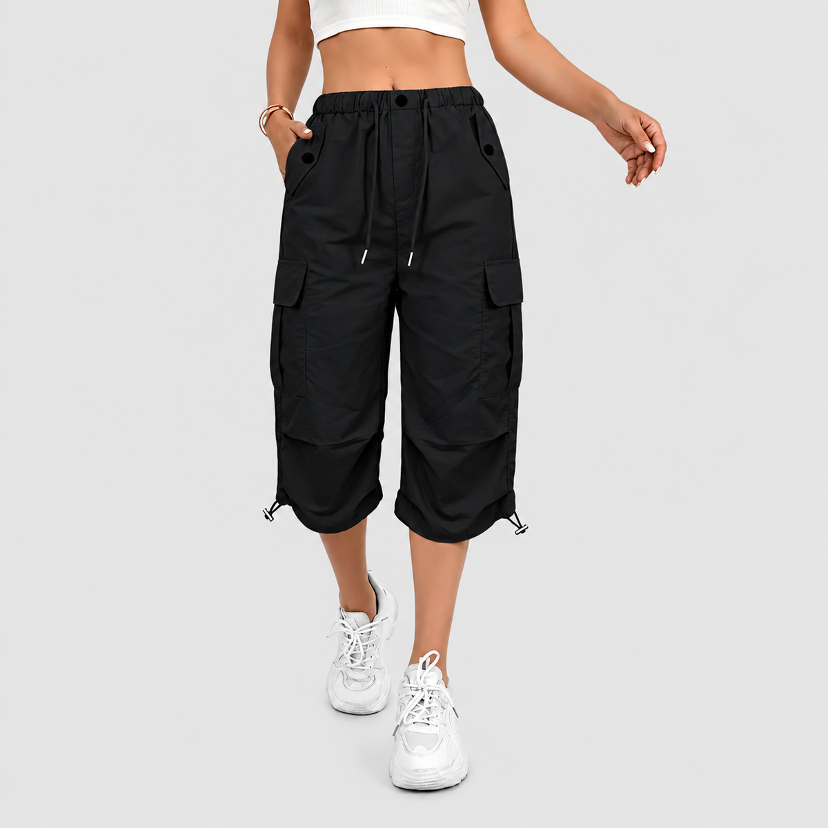 Aurelia-Claire | Women’s Cropped Drawstring Cargo Pants — Black