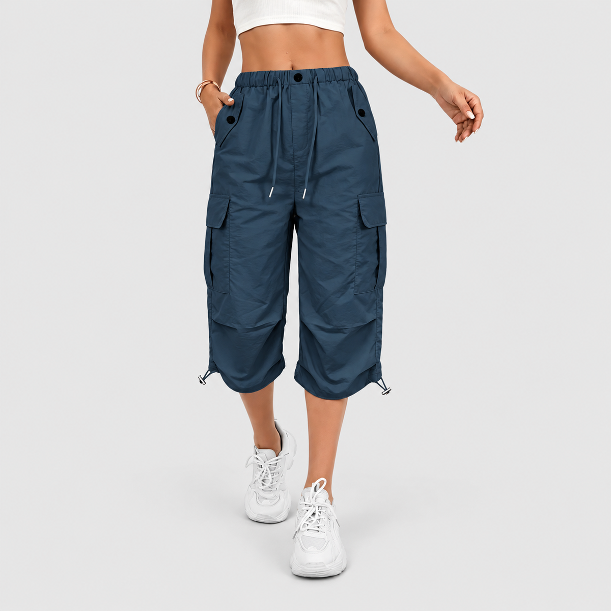 Aurelia-Claire | Women’s Cropped Drawstring Cargo Pants — Blue