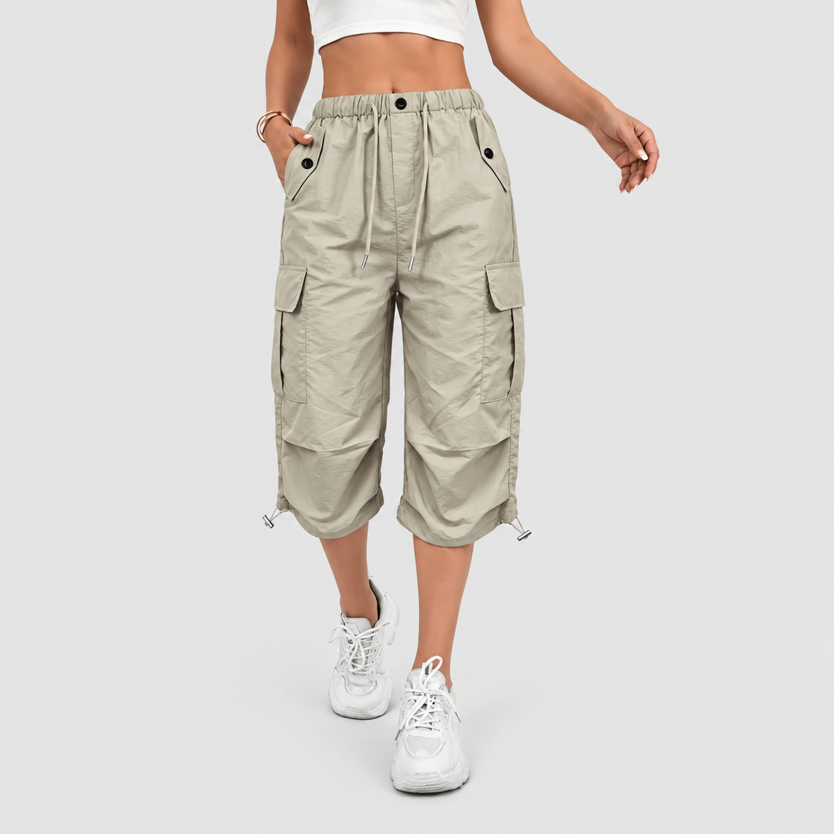 Aurelia-Claire | Women’s Cropped Drawstring Cargo Pants — Khaki