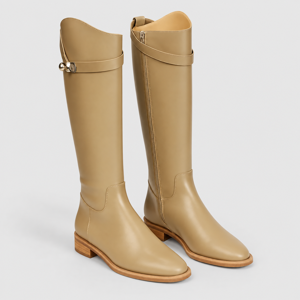 Aurelia | Women’s Knee-High Boots with Strap Clasp — Beige