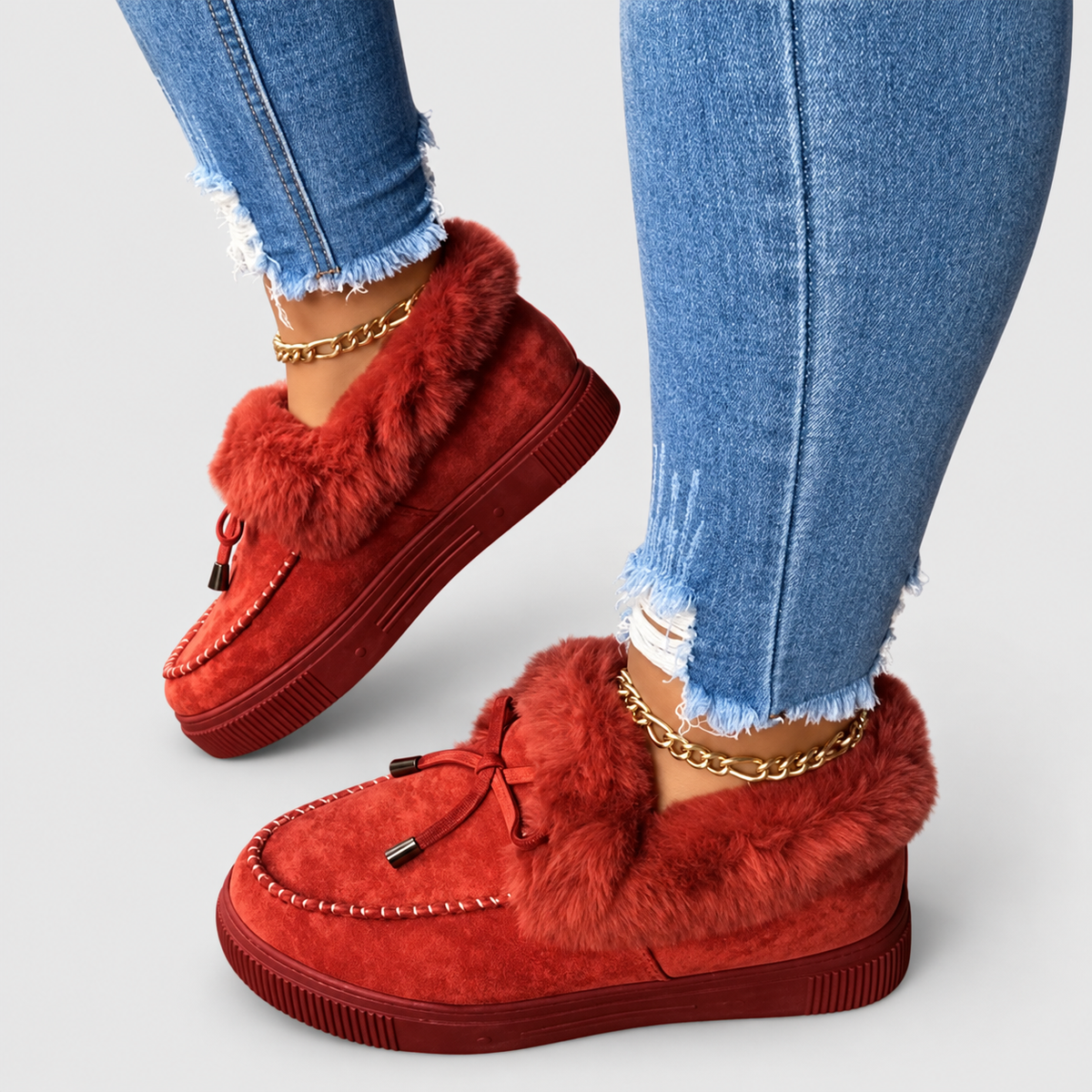 Aurette | Women’s Plush-Lined Moccasin Slip-On Winter Boots — Red
