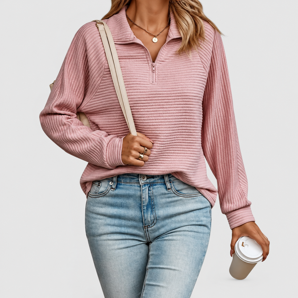 Avelina | Women’s Elegant Half-Zip Sweater — Pink