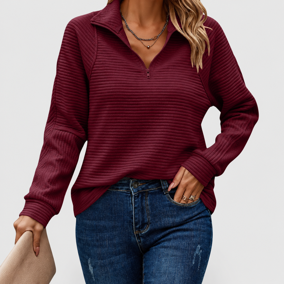Avelina | Women’s Elegant Half-Zip Sweater — Maroon