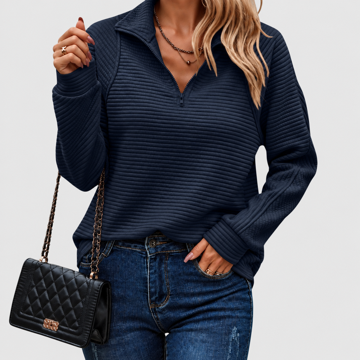 Avelina | Women’s Elegant Half-Zip Sweater — Dark Blue
