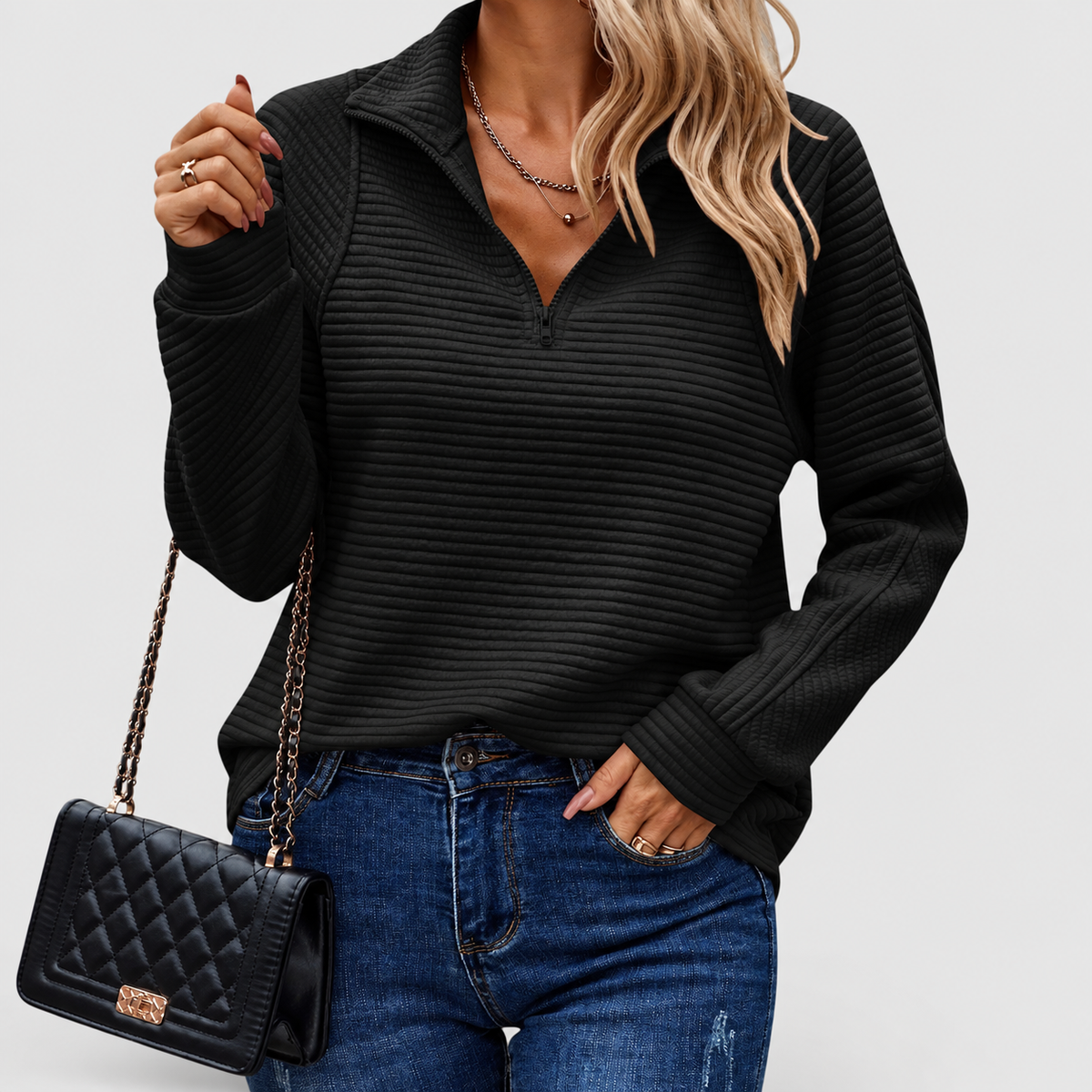 Avelina | Women’s Elegant Half-Zip Sweater — Black