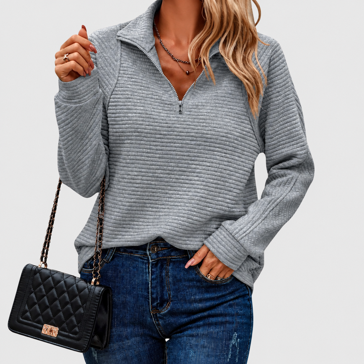 Avelina | Women’s Elegant Half-Zip Sweater — Grey