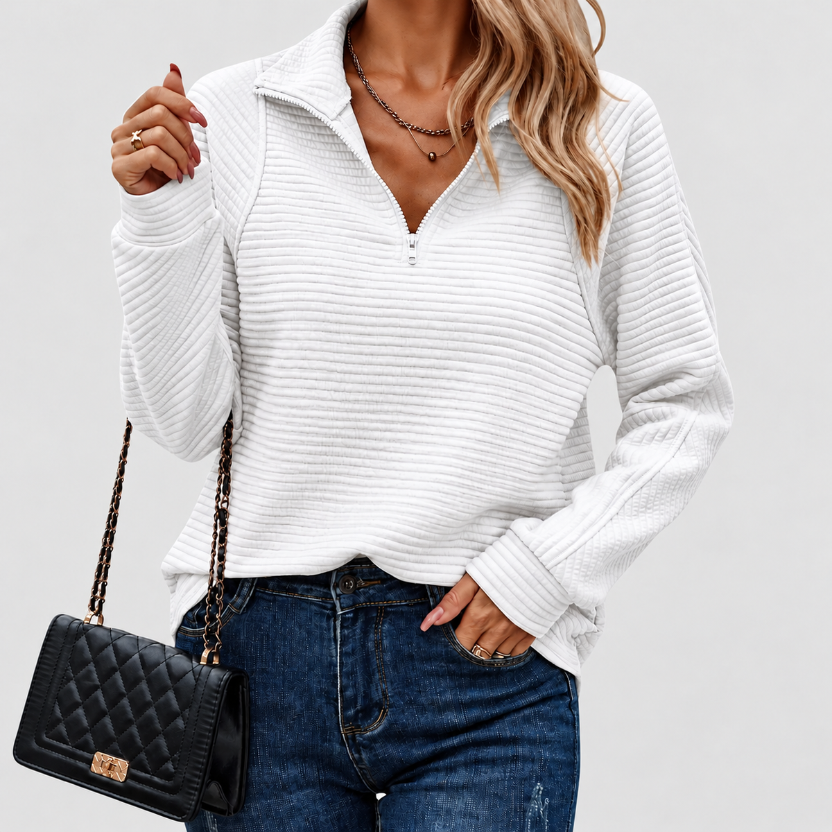 Avelina | Women’s Elegant Half-Zip Sweater — White