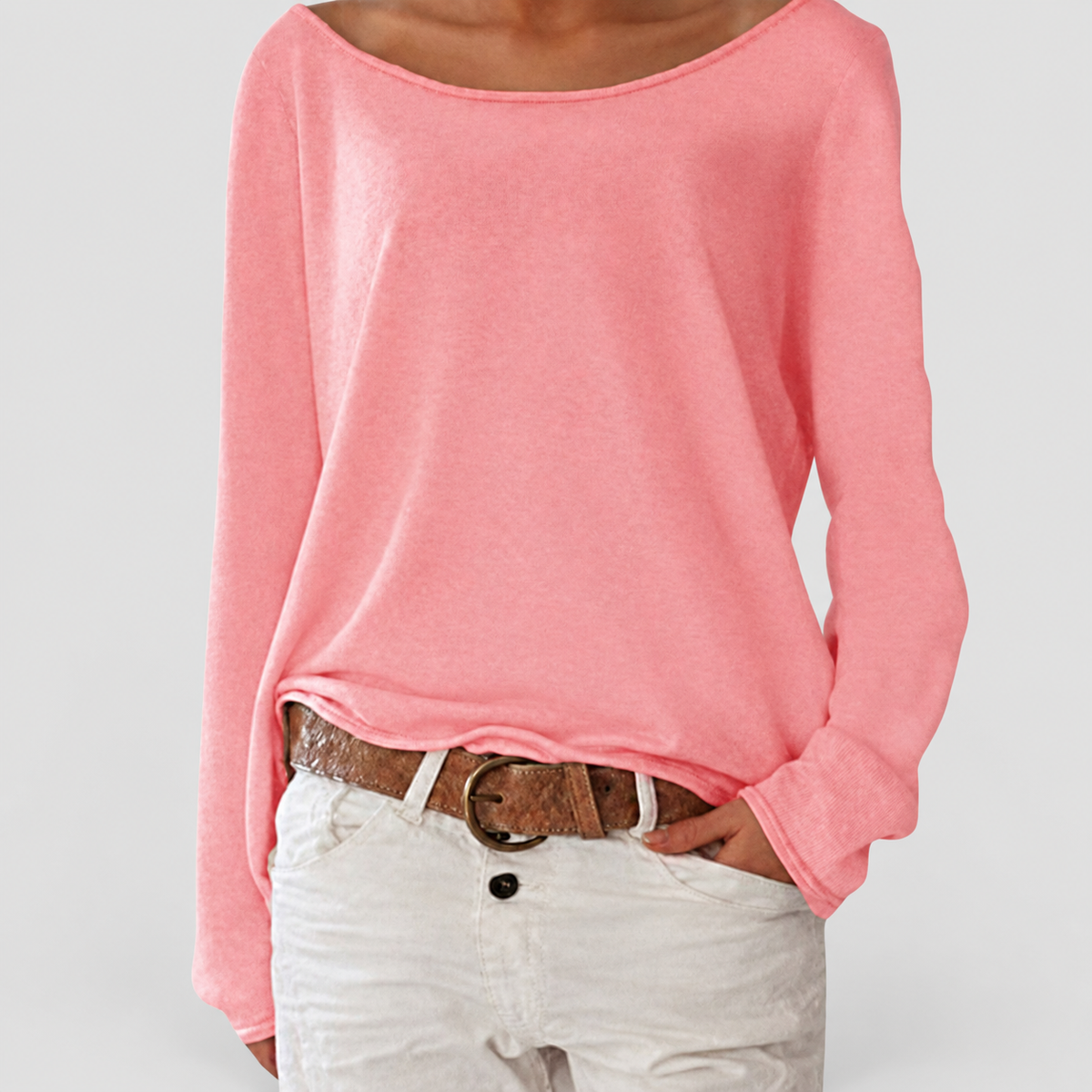 Aveline | Women’s Round-Neck Long-Sleeve Relaxed Top — Pink