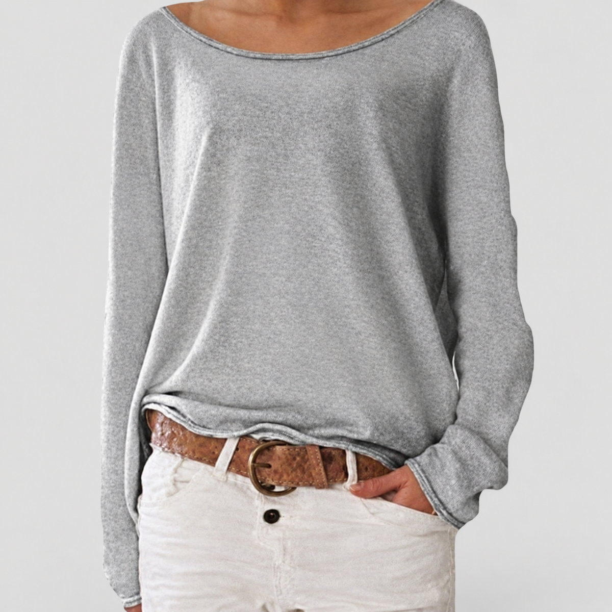 Aveline | Women’s Round-Neck Long-Sleeve Relaxed Top — Grey