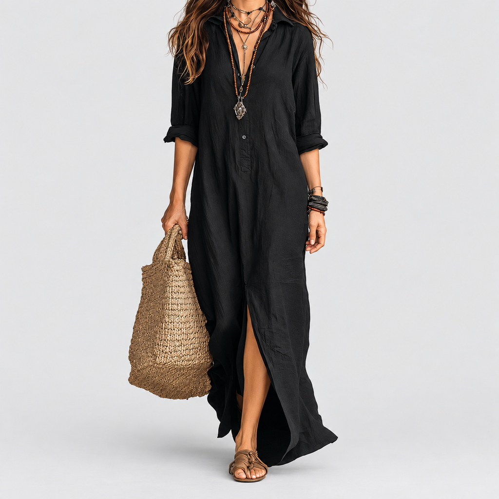 Avelora | Women’s Oversized Button-Front Maxi Dress — Black