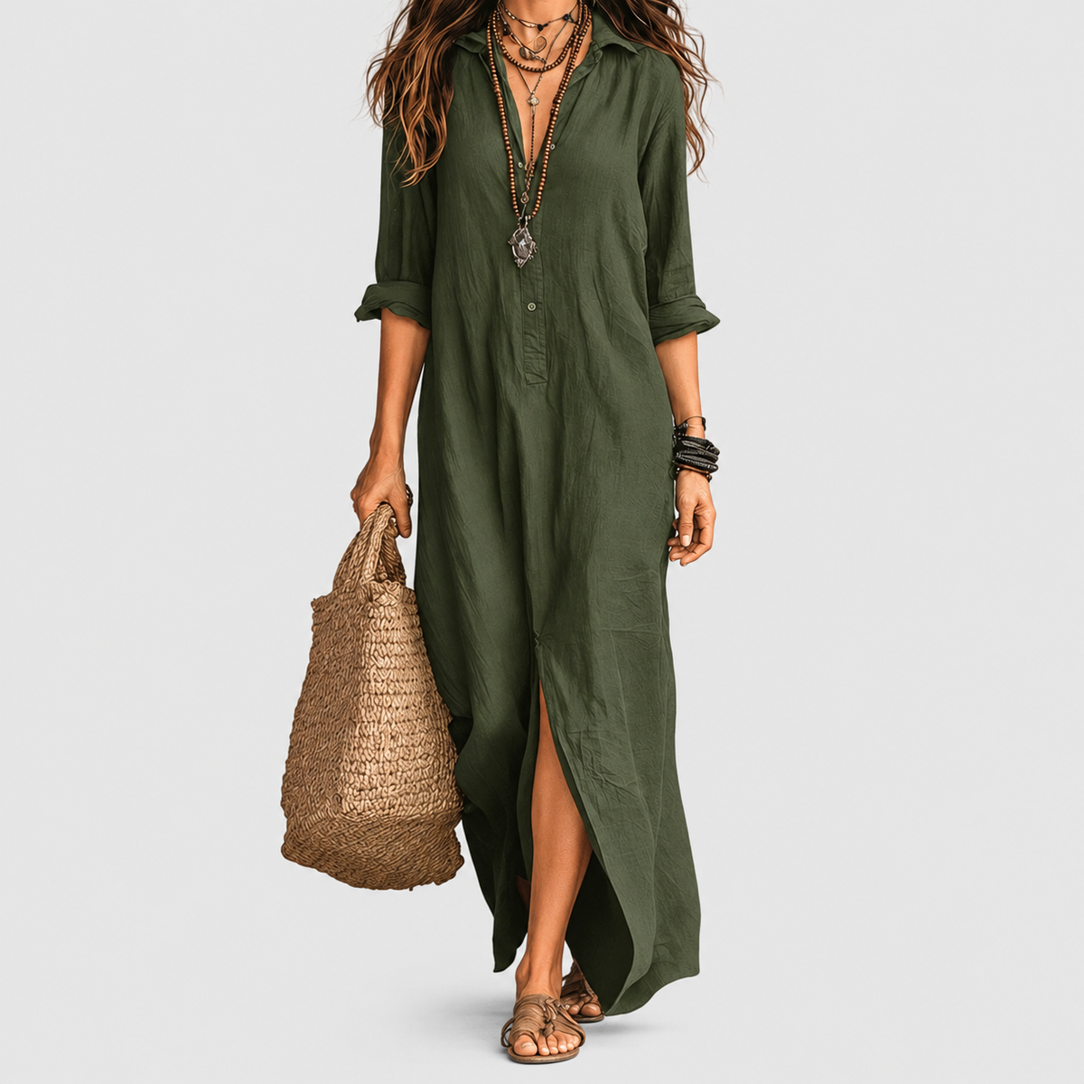 Avelora | Women’s Oversized Button-Front Maxi Dress — Green