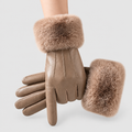 Azalina | Women’s Faux-Leather Gloves with Faux-Fur Cuffs — Camel