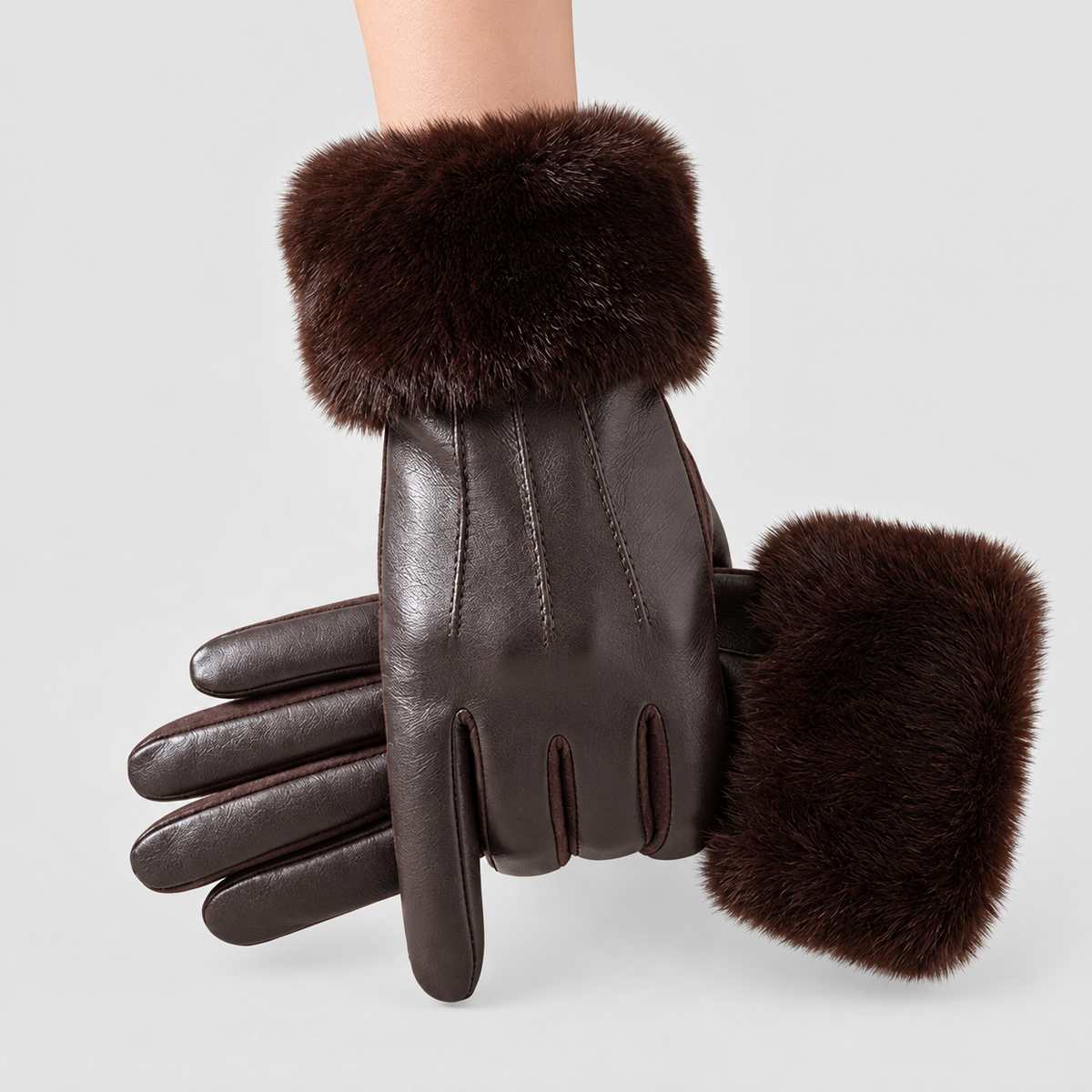 Azalina | Women’s Faux-Leather Gloves with Faux-Fur Cuffs — Espresso