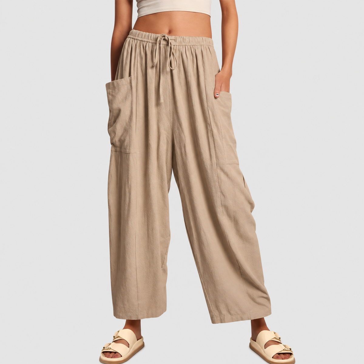 Barbara | Women’s Drawstring Barrel-Leg Cropped Pants — Khaki