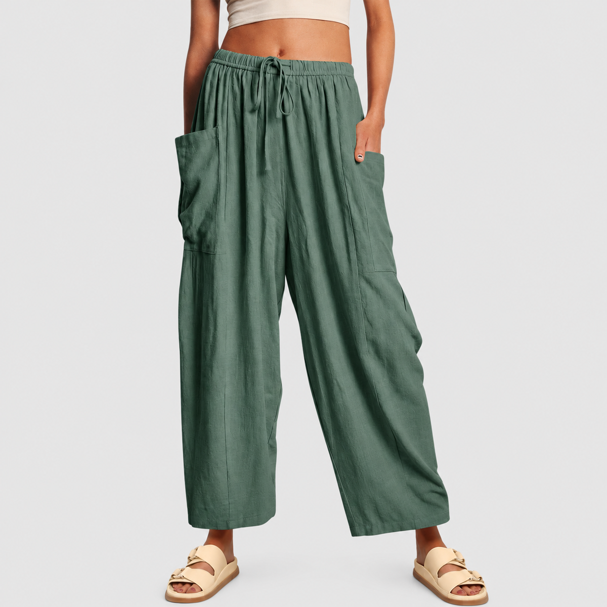 Barbara | Women’s Drawstring Barrel-Leg Cropped Pants — Green
