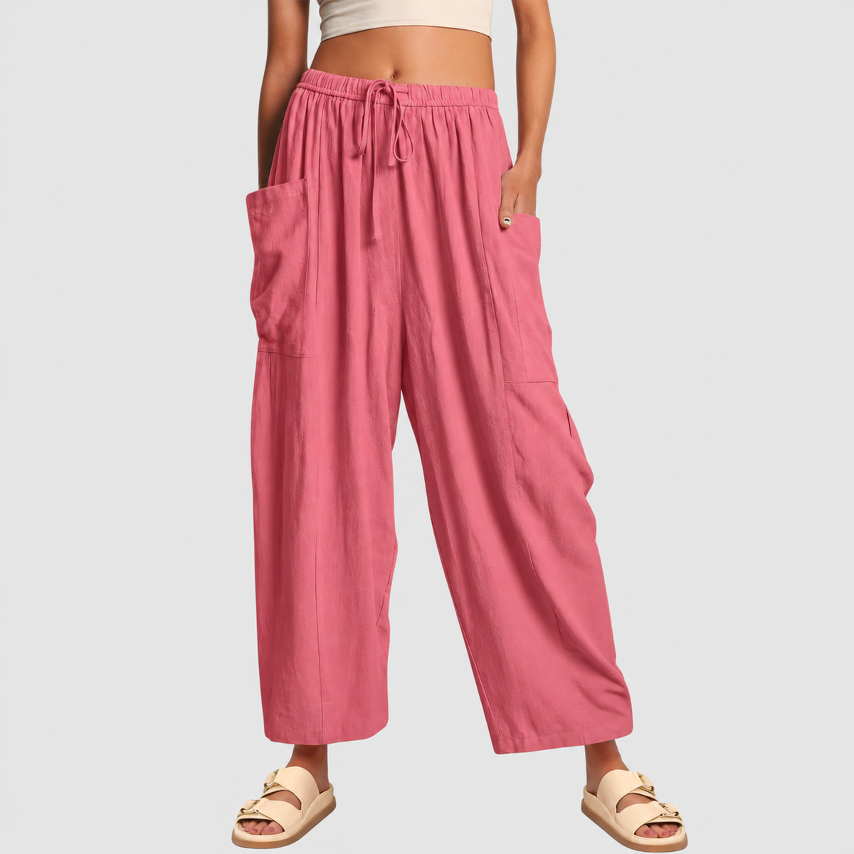 Barbara | Women’s Drawstring Barrel-Leg Cropped Pants — Pink