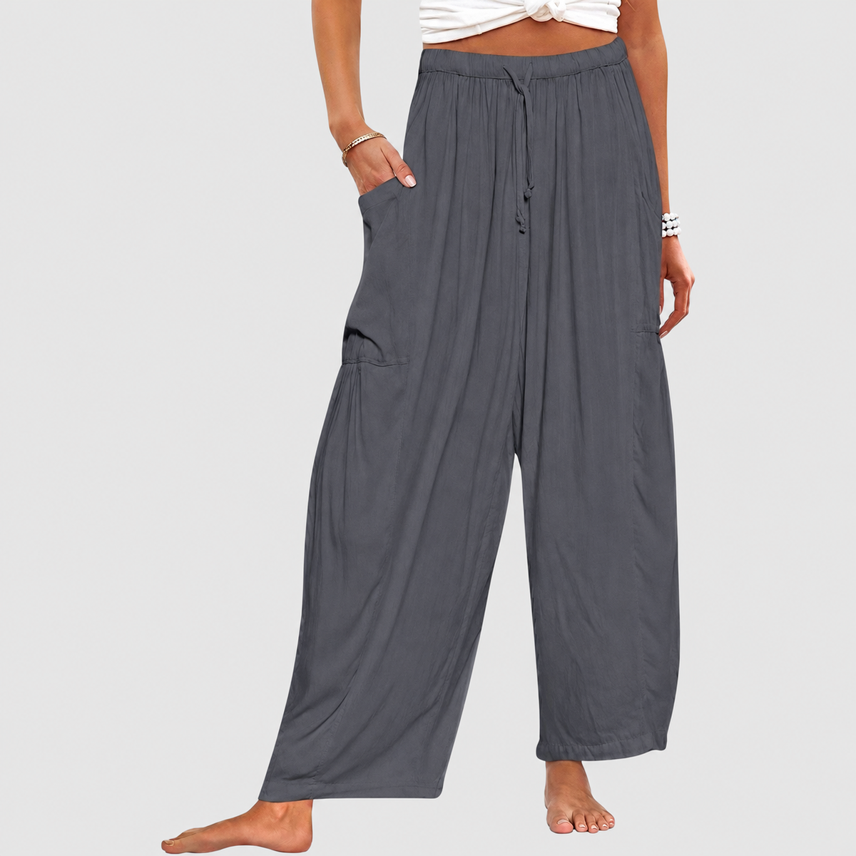 Barbara | Women’s Drawstring Barrel-Leg Cropped Pants — Grey
