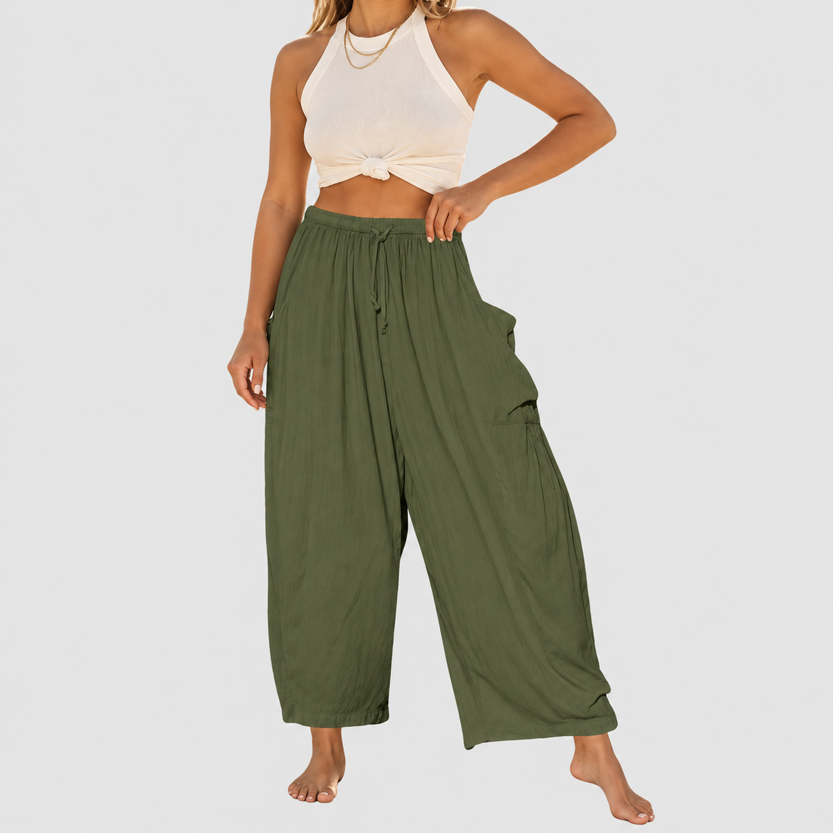 Barbara | Women’s Drawstring Barrel-Leg Cropped Pants — Army Green