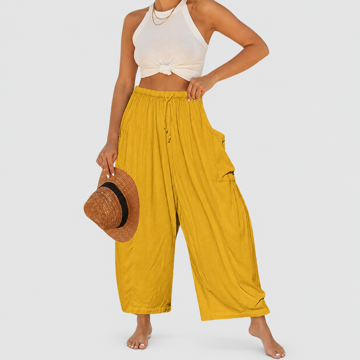 Barbara | Women’s Drawstring Barrel-Leg Cropped Pants — Yellow