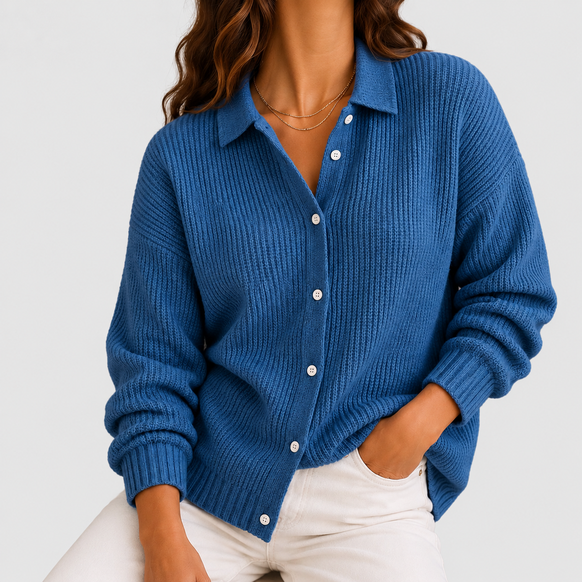 Beatrice | Women’s Collared Button-Up Ribbed Knit Cardigan — Blue