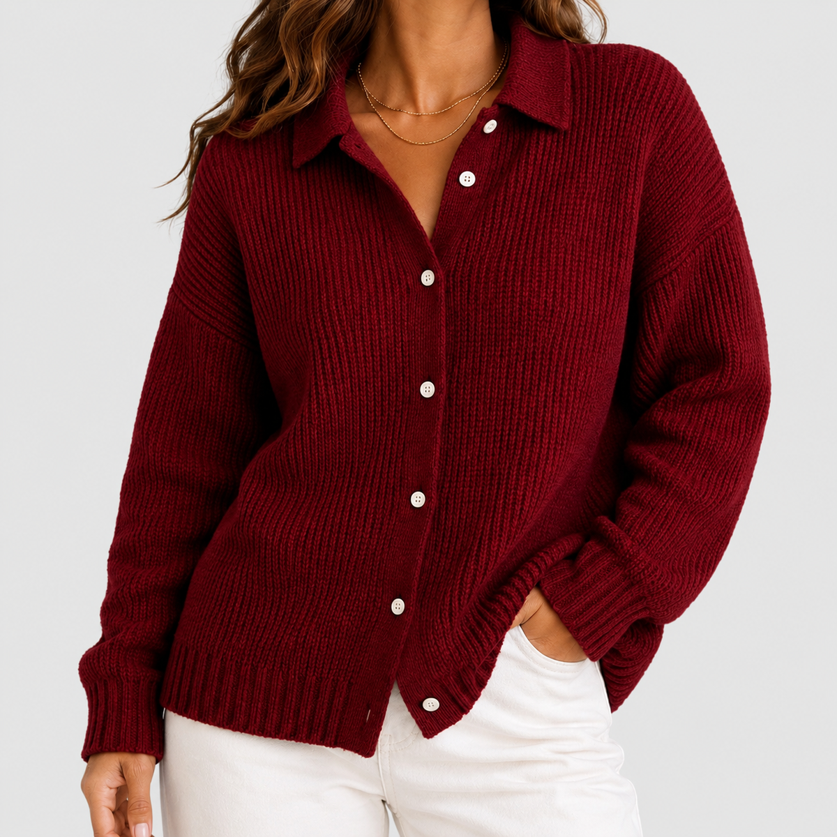 Beatrice | Women’s Collared Button-Up Ribbed Knit Cardigan — Red